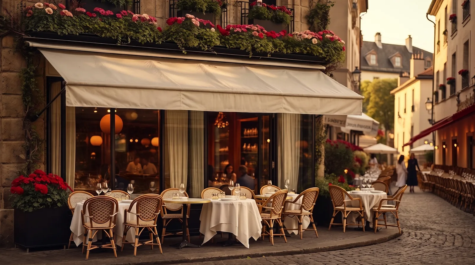 Terrasse d'un restaurant à Versailles au coucher du soleil
